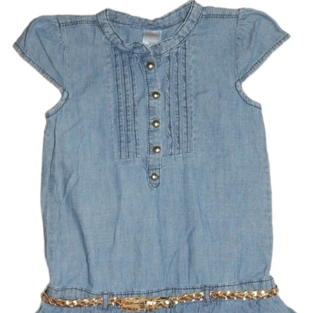 Gymboree Girls 7 Cotton Denim Sleeveless Ruffle Dress Gold Glitter Braided Belt